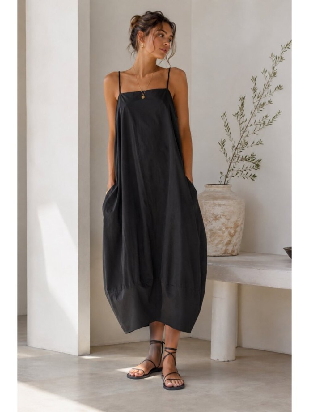 Self Contrast Black Cotton Cocoon Midi Dress Women’s L Adjustable Straps Balloon